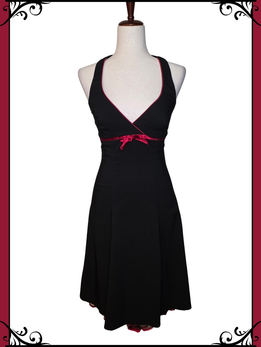 Vintage 90s Y2K Steppin' Out Black & Red Mesh Ruffle Trim Halter Dress